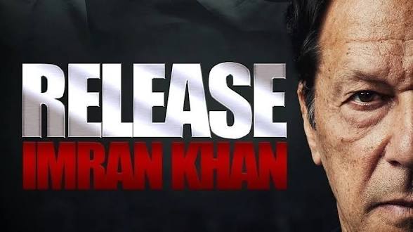 A campaign graphic reading Release Imran Khan beside a close-up portrait